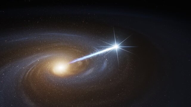 Hypervelocity star ejected from galactic center through spiral galaxy in deep space animation