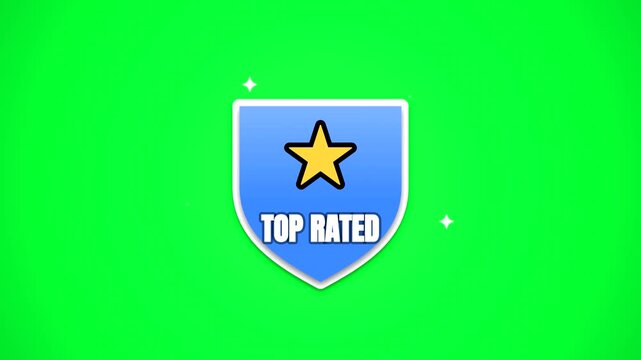 Top Rated Shield Icon Animation on Green Screen, Blue Rating Badge with Yellow Star, Animated Quality Guarantee Label Video Element