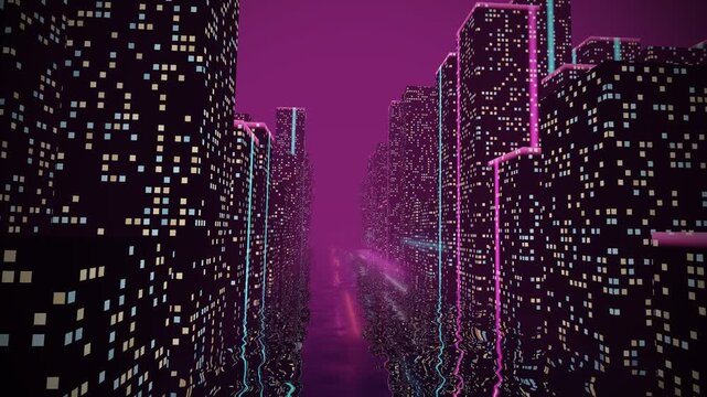 Futuristic 3D digital cityscape featuring dark skyscrapers with glowing windows, set against a vibrant neon pink sky with a glitchy, reflective urban atmosphere.