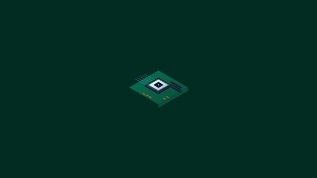 Minimalist Green Microchip Processor Icon on Dark Background.