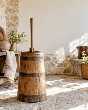 Traditional wooden butter churn with paddle in a stone farmhouse pantry