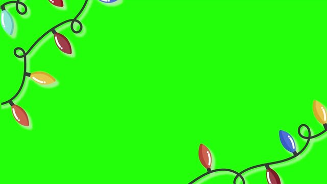 Animated colorful christmas string lights glowing and blinking on green screen background border frame