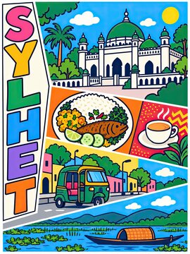 Colorful Sylhet travel poster featuring a domed shrine, tea and rice, a local vehicle, and a boat crossing a blue haor landscape.