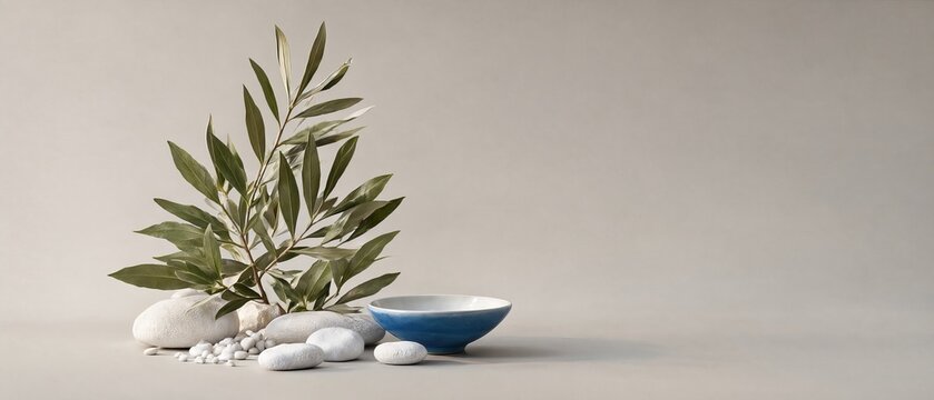 Greek theme composition with olive branch, white stones and a small blue bowl on neutral backdrop.