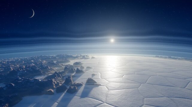 Exoplanet Surface With Frozen Plains And Blue Atmospheric Haze Space Scenery 4K Loop