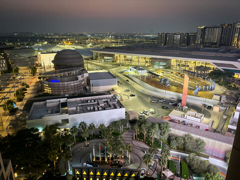 Aerial night view of the whole former exhibition site being prepared for a climate conference in Dubai, United Arab Emirates