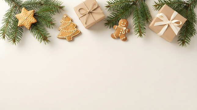 Festive christmas border with gingerbread cookies gifts and evergreen branches on a white background