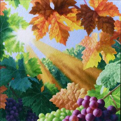 Naklejka premium Autumn vineyard bathed in warm sunlight, showcasing ripe grapes and colorful leaves during harvest season.