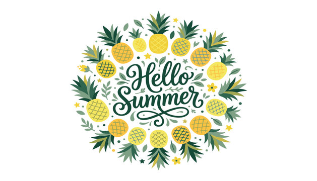 Hello summer lettering typography design. Pineapple wreath, tropical leaves, yellow flowers, botanical elements and seasonal card.