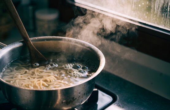 Instant noodles bubbling in a dented stainless steel saucepan on a gas stove, loosening strands swirling in rolling water, with small bubbles bursting on the surface
