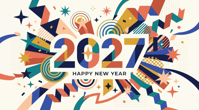 2027 happy new year festive greeting card design with colorful geometric shapes, confetti, and fireworks
