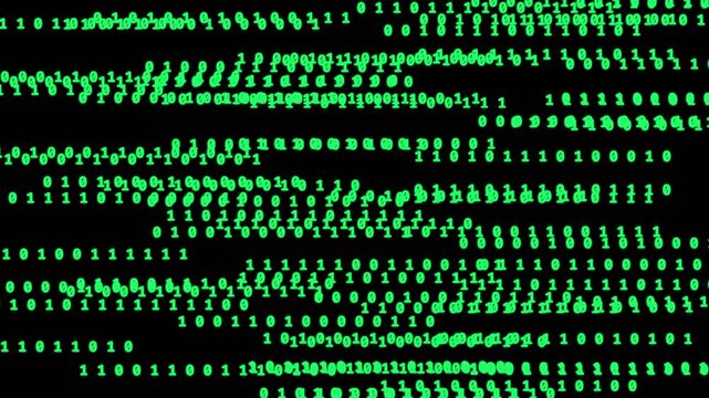 Digital rain of binary code cascading down, creating a mesmerizing visual of data flow. The bright green digits stand out against the dark background.