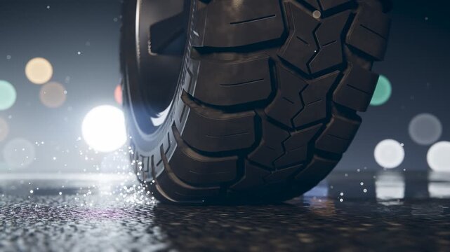 Off-road car tire rolling on wet asphalt with glowing bokeh lights in night city