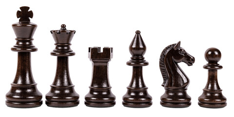 Set of six dark brown wooden chess pieces standing in a row © Proonty