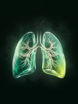 Glowing green human lungs with anatomical bronchioles on a dark background representing respiratory health and medical science