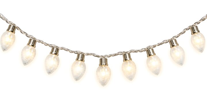 Watercolor painting of a string of vintage style christmas lights on white background