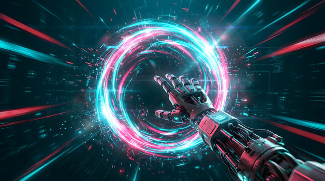 Robotic hand reaching through a glowing portal of swirling energy and light beams
