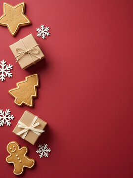 Festive christmas scene with gifts and cookies on a rich red background