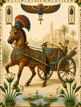 A magnificent ancient Egyptian pharaonic royal war chariot, featuring intricate gold craftsmanship, decorated wooden wheels, and traditional royal motifs on a dark heritage background.
