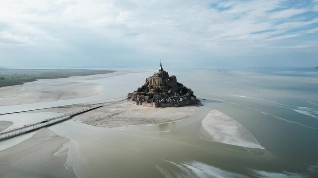 Aerial view of the tidal island and medieval abbey Mont Saint-Michel in Normandy France at dawn