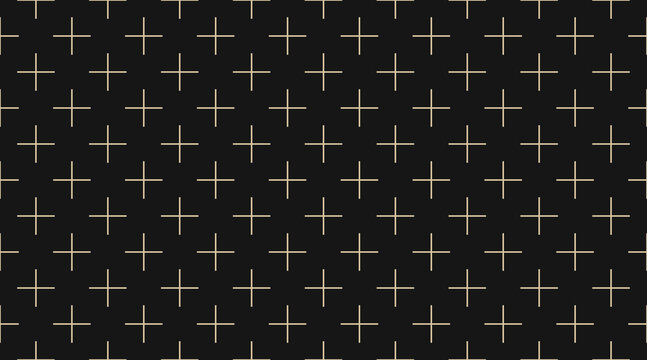 Seamless pattern with gold plus signs on a black background, elegant geometric wallpaper design