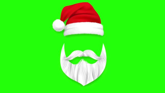 Animated santa claus hat white beard and mustache on a green screen chroma key background loop