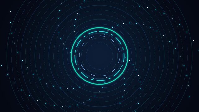 Futuristic blue digital circular HUD interface with concentric rings and glowing data nodes rotating in technology motion gr video