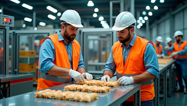 Workers in food manufacturing facility inspecting pastry items on production line. Laborers in orange safety vests and hard hats are carefully checking baked goods on conveyor belt.