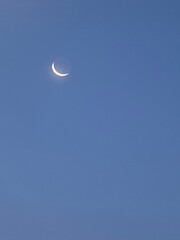A delicate crescent moon glowing in a clear blue twilight sky, creating a peaceful minimalist celestial scene with ample copy space. © Baby AI