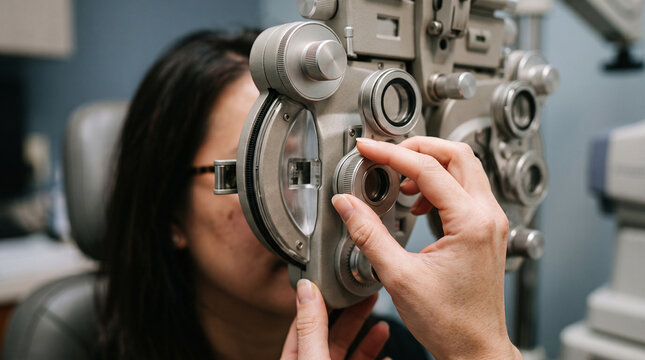 Optometrist hands adjusting phoropter machine lenses during eye vision test for female patient