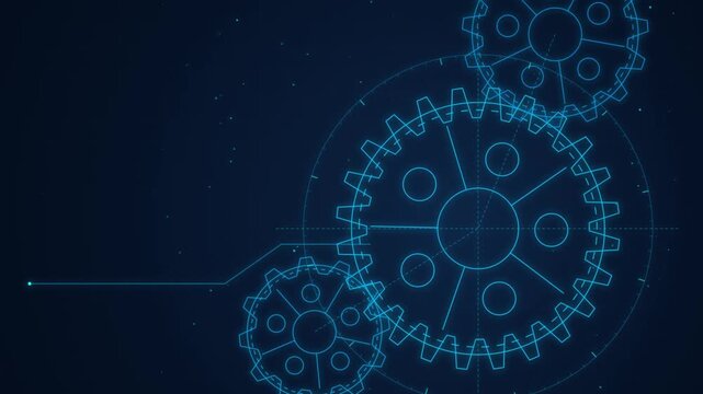 Blue digital gears rotating in technical engineering blueprint animation background for industrial automation technology concept seamless loop motion footage.