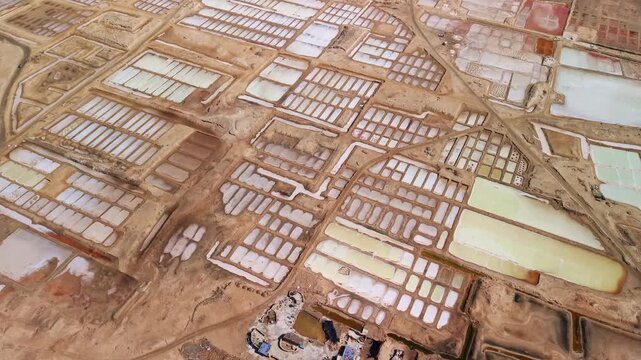 Aerial view of geometric salt pan grids near Santa Maria on Sal