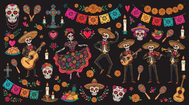 Collection of dia de los muertos vector icons and characters
