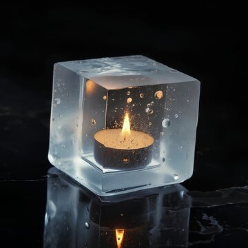 A surreal candle burning inside a solid ice cube, creating a striking contrast between fire and ice and symbolizing resilience, balance and impossible possibilities.
