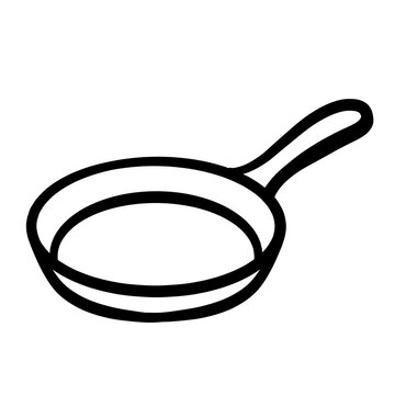 Hand drawn minimal line art illustration of a frying pan, skillet line drawing isolated on transparent background