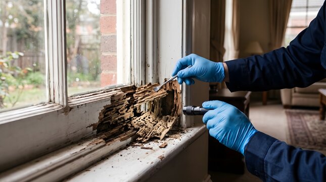 severe termite damage exposed in wooden window frame during professional home inspection