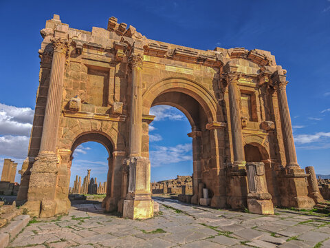 Trajan's Triumphal Arch and Ancient Roman Ruins of Timgad Archaeological Site in Batna, Algeria