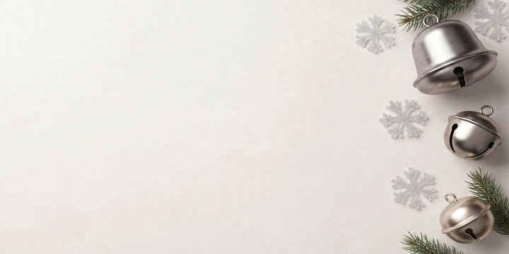 Silver Christmas bells with snowflakes and pine branches