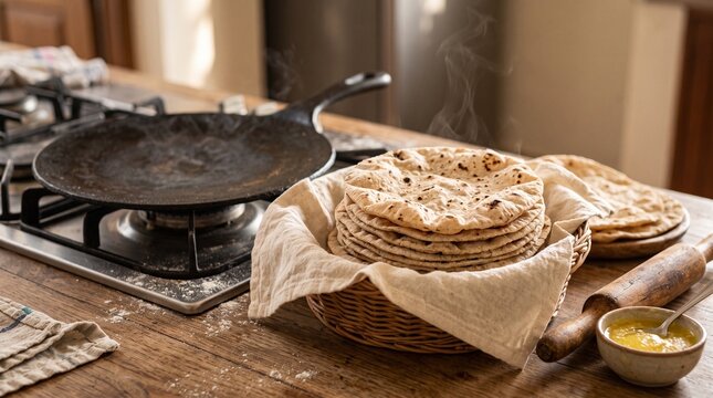 Fresh hot Indian flatbreads roti chapati in a woven basket with ghee and a tawa pan on a kitchen counter