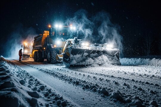 Heavy snow plow truck clears icy road at night. Industrial machinery works in freezing winter weather to maintain city infrastructure. Bright headlights illuminate falling snow, thick frost on