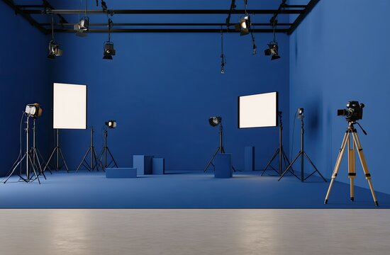 Empty blue studio with lighting equipment and a camera on a tripod