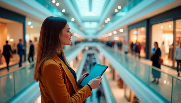 Stylish woman holding tablet in modern shopping mall, exploring shops and products with vibrant atmosphere. Shopping experience includes browsing and interacting with engaging retail displays.