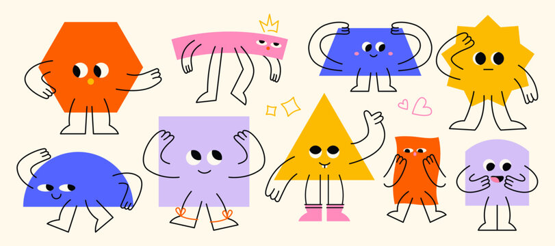 Cute geometric figures. Basic shapes with funny faces, hands and legs, abstract groovy minimal characters with different emotions, cartoon mascots for stickers. Vector isolated set