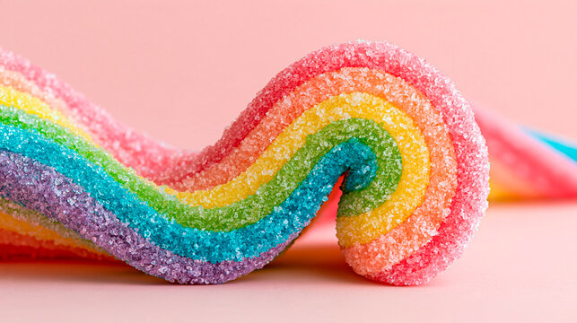 Colorful rainbow gummy candy coated with sugar crystals in a curled shape on a soft pink background with vibrant sweet colors