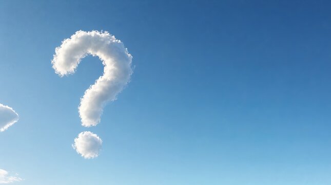 Question mark shaped cloud in a clear blue sky, minimal background for teaser advertising campaign.