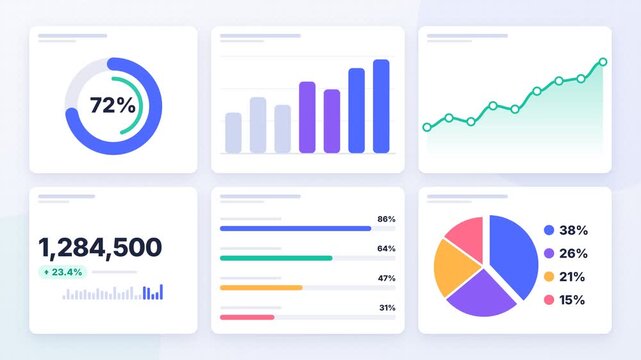 A collection of clean and modern animated infographic elements including bar charts, pie charts, and progress indicators for business data visualization and presentations.