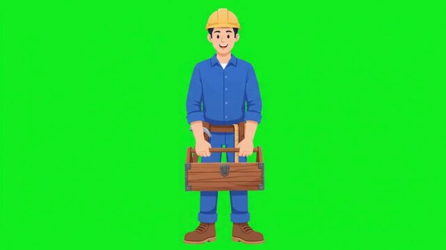 Worker with toolbox on green screen background with flat vector style
