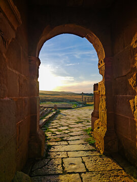 Trajan's Triumphal Arch and Ancient Roman Ruins of Timgad Archaeological Site in Batna, Algeria