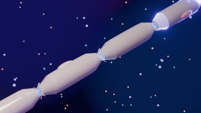 Saltatory conduction along a myelinated axon, action potential jumping between nodes of Ranvier, 3D loop