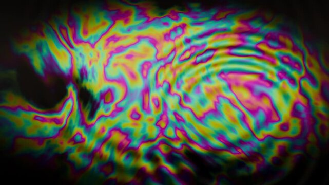 Oil slick on dark water with iridescent thin film colours swirling and ripples spreading, seamless loop